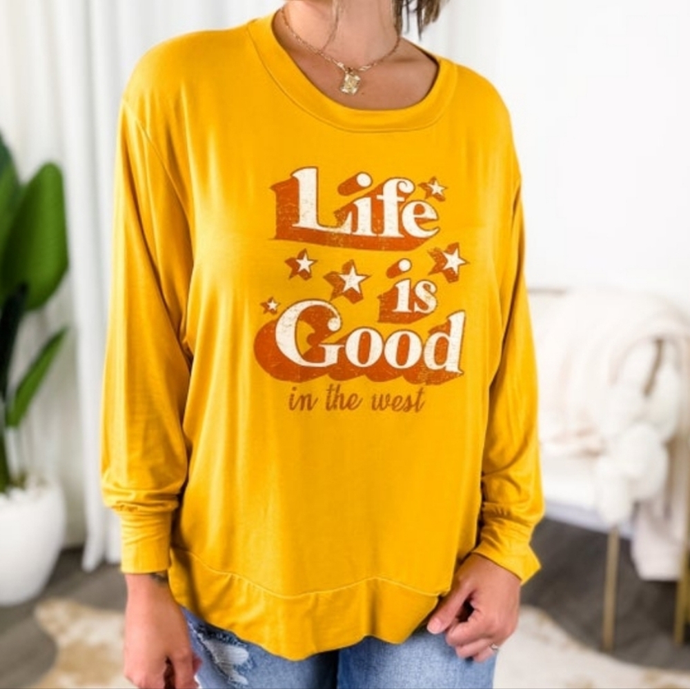 NWT Sew in Love sz XL yellow Life is Good long sleeve graphic top